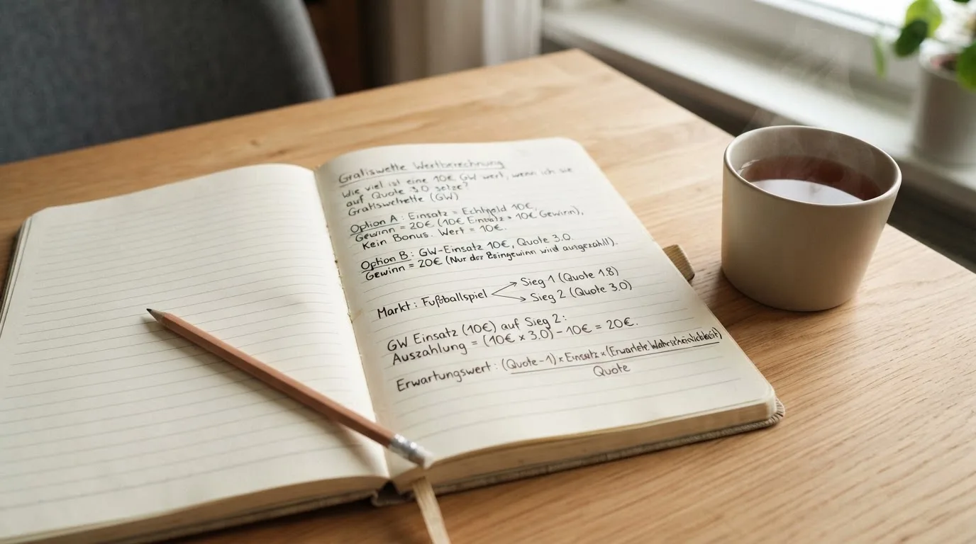 Ein aufgeschlagenes Notizbuch mit handschriftlichen Skizzen und ein Bleistift liegen auf einem Schreibtisch neben einer Tasse Tee.