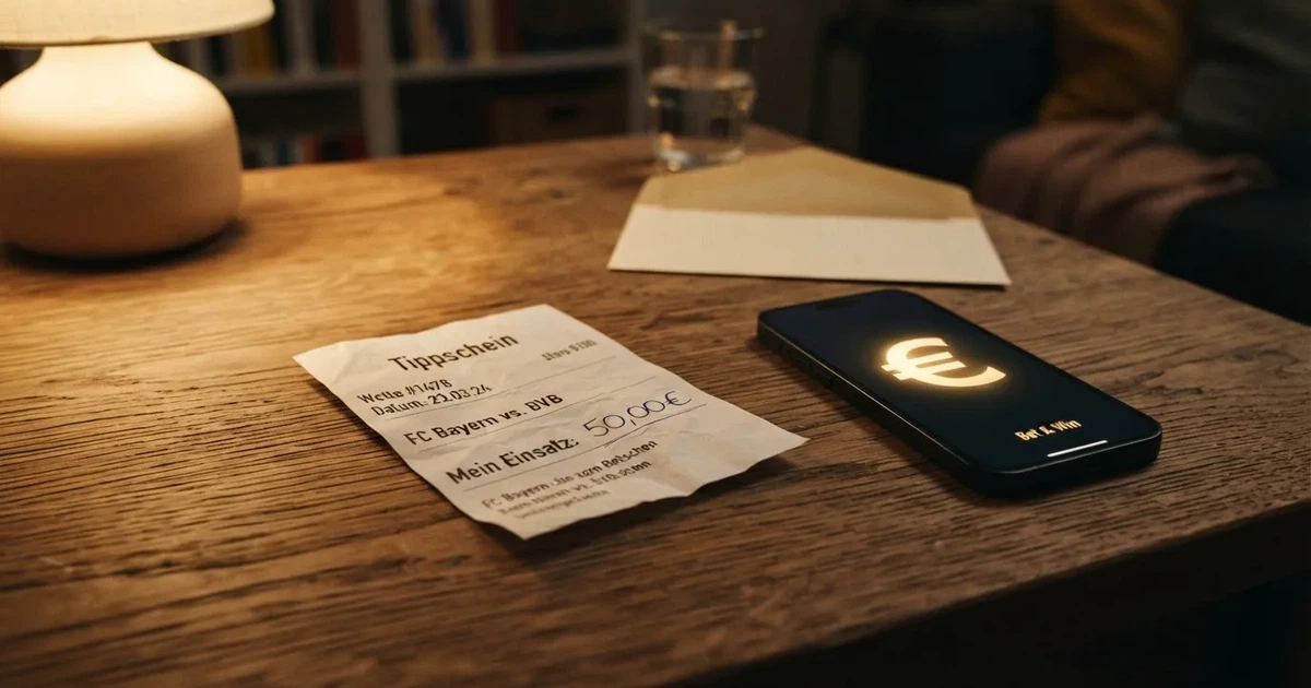 Ein leerer Umschlag und eine Münze liegen auf einer Tischplatte neben einem Smartphone mit dunklem Display.