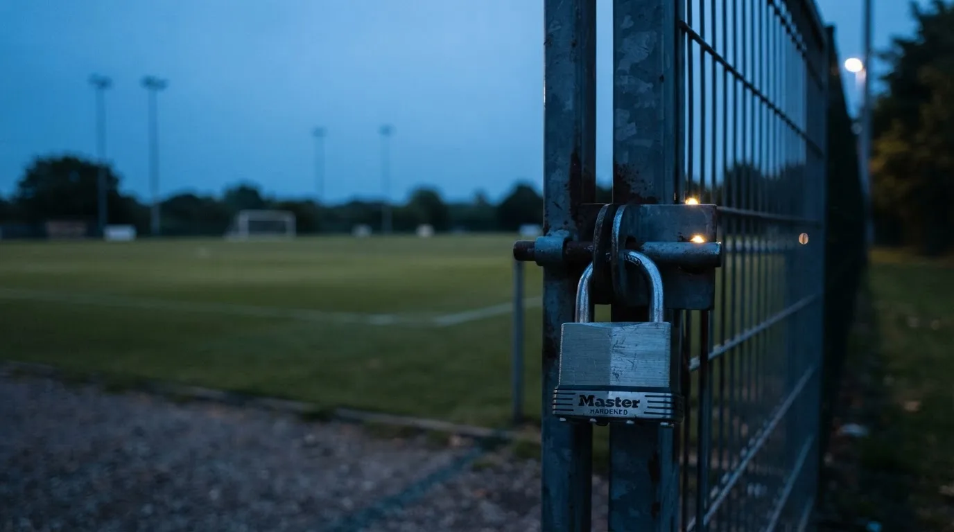 Ein Vorhängeschloss hängt an einem Metalltor in der Dämmerung, im Hintergrund unscharf ein Fußballplatz.
