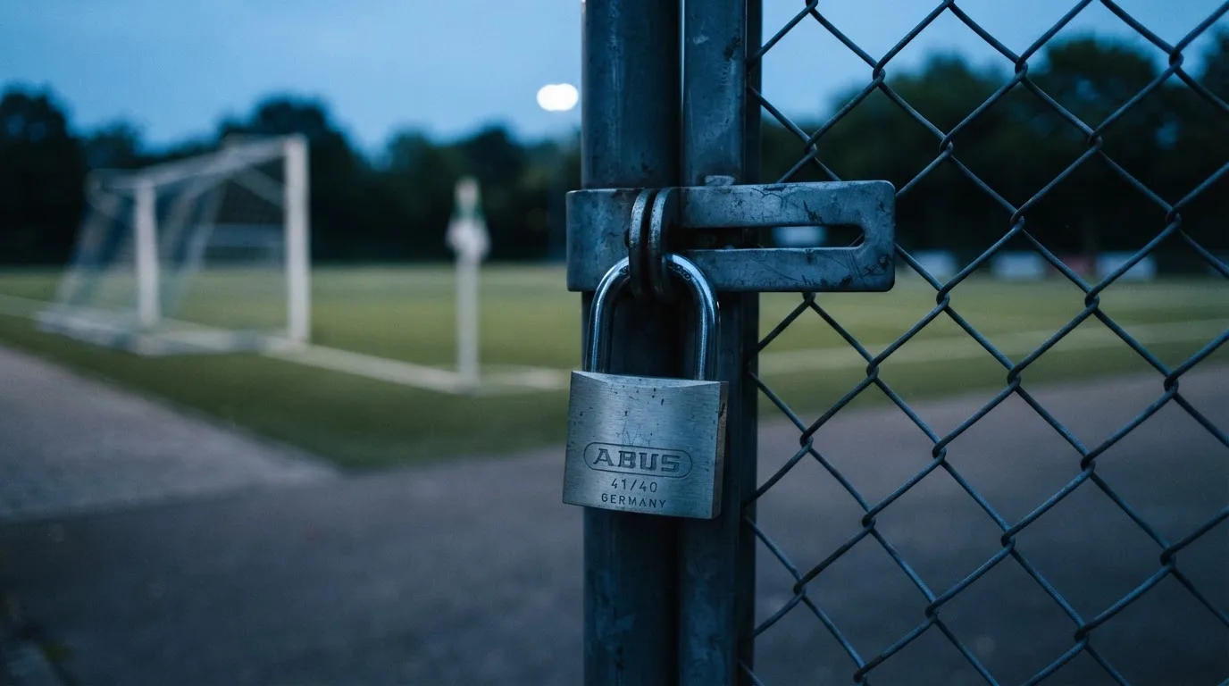 Ein Vorhängeschloss hängt an einem Metalltor in der Dämmerung, im Hintergrund unscharf ein leerer Fußballplatz.