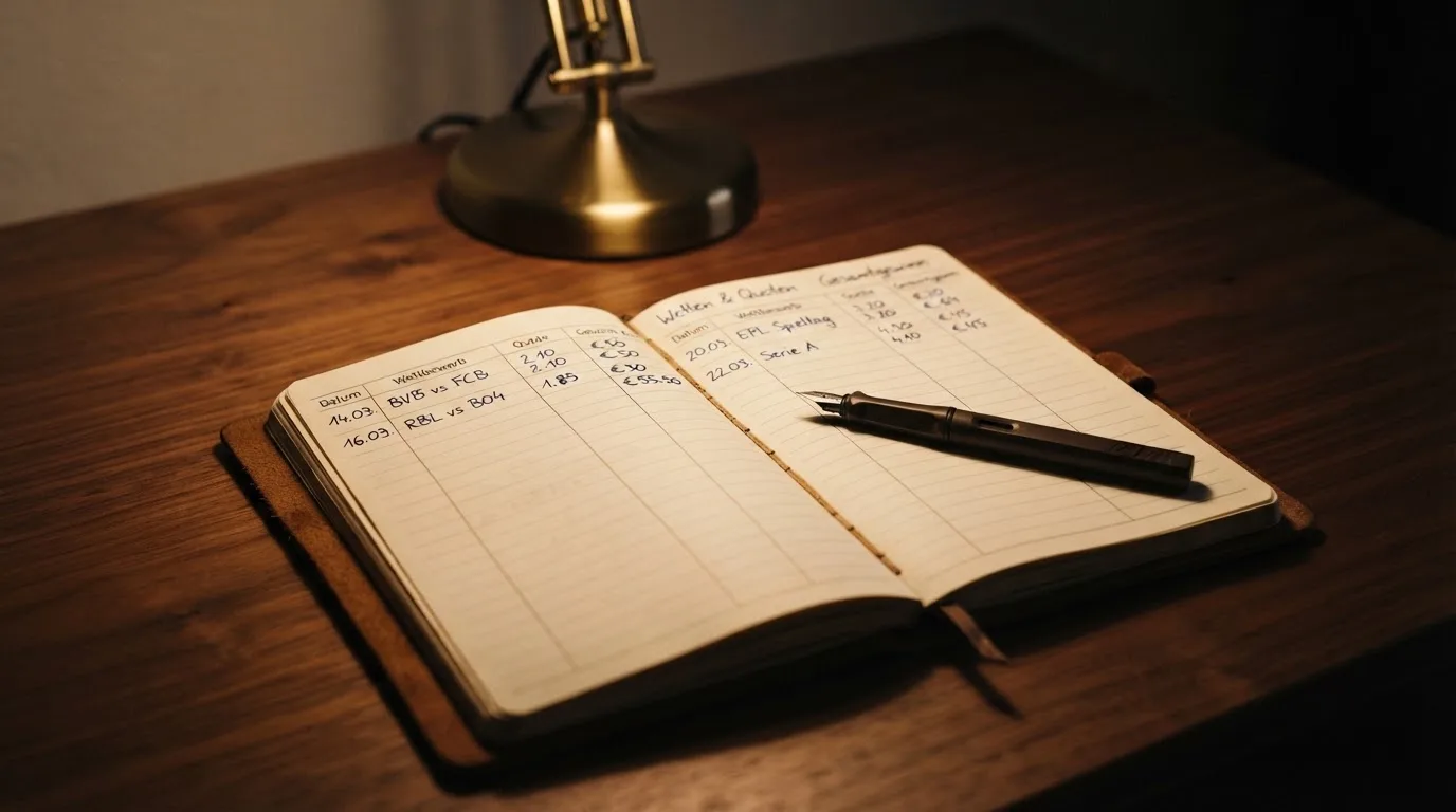 Ein Taschenrechner und ein aufgeschlagenes Notizbuch mit handschriftlichen Zahlenreihen liegen unter einer Schreibtischlampe.