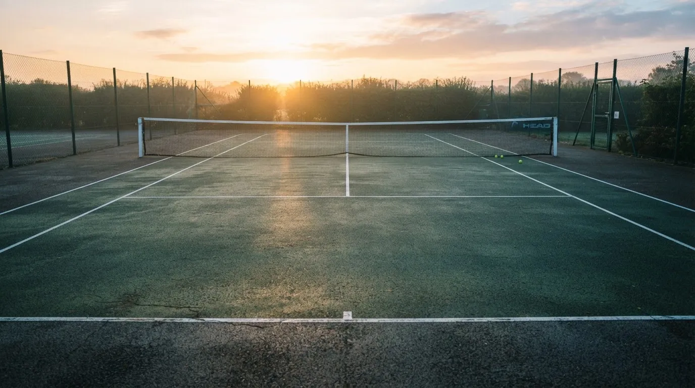 Ein Tennisplatz bei Sonnenaufgang, Netz und Grundlinien im weichen Licht, niemand ist zu sehen.