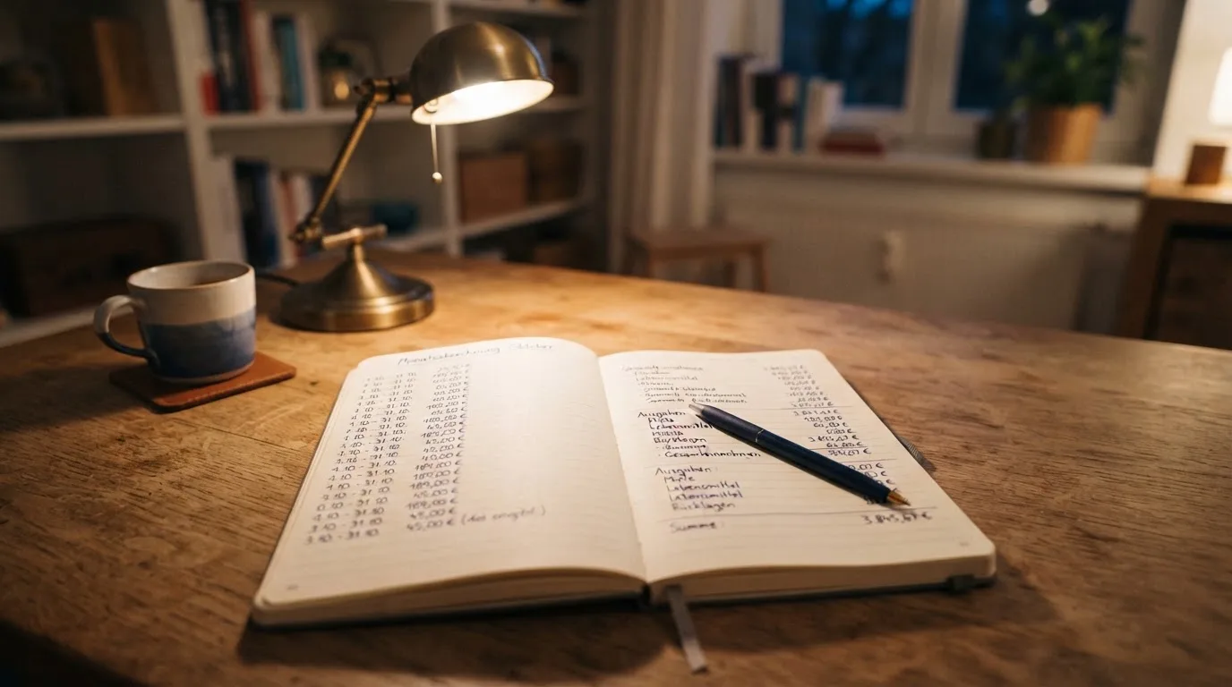 Ein Taschenrechner und ein aufgeschlagenes Notizbuch mit handschriftlichen Zahlenreihen liegen unter einer Schreibtischlampe.