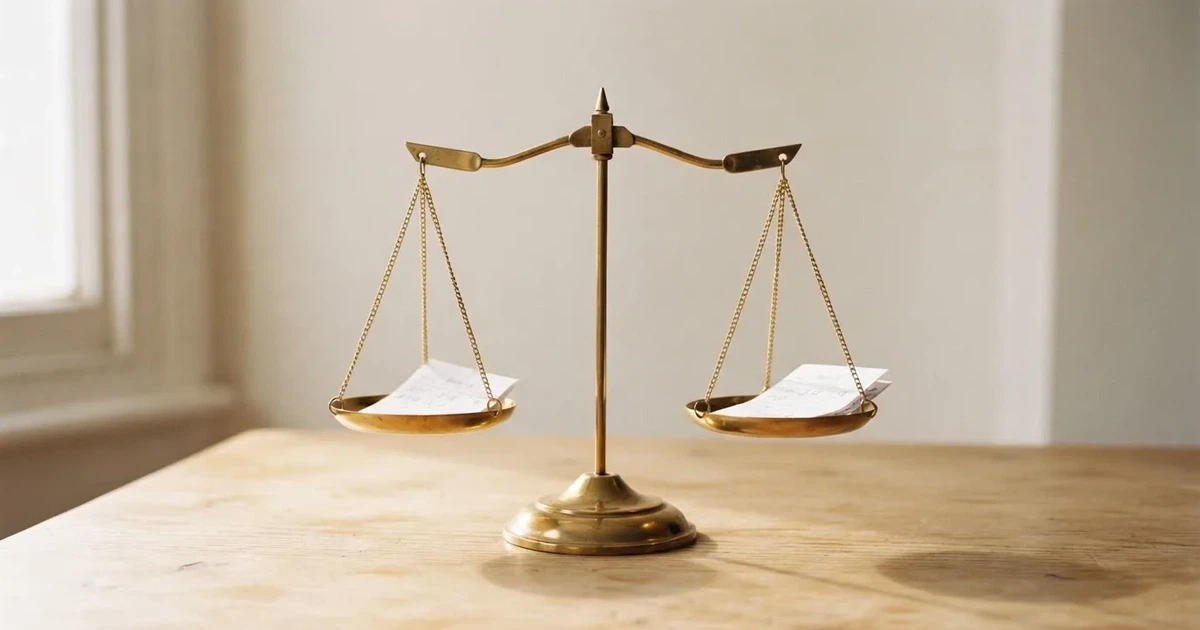 Eine Balkenwaage aus Messing steht im Gleichgewicht auf einem hellen Tisch, links und rechts je eine Münze, dahinter eine unscharfe Wand.