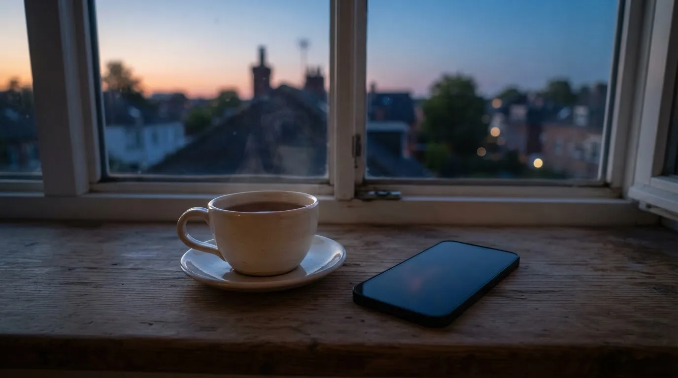 Eine Teetasse und ein Smartphone mit dunklem Display stehen auf einem Fensterbrett, draußen dämmert es.