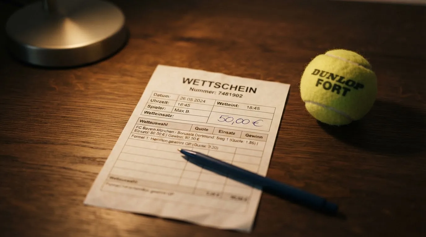 Ein leerer Papier-Wettschein und ein Kugelschreiber liegen auf einem Schreibtisch neben einem gelben Tennisball.