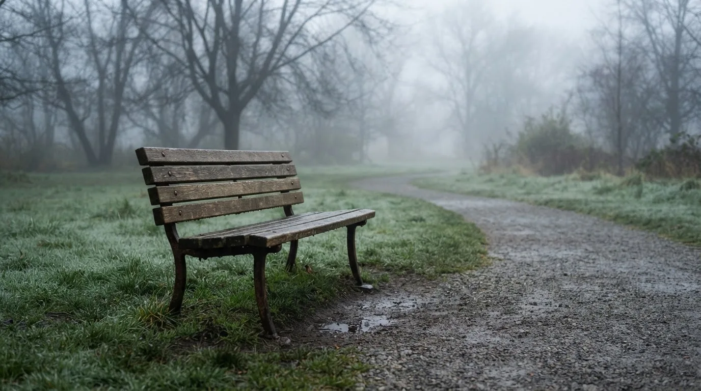 Ein Pfad führt durch einen Park im Morgennebel, am Wegrand steht eine einzelne Bank, niemand ist zu sehen.