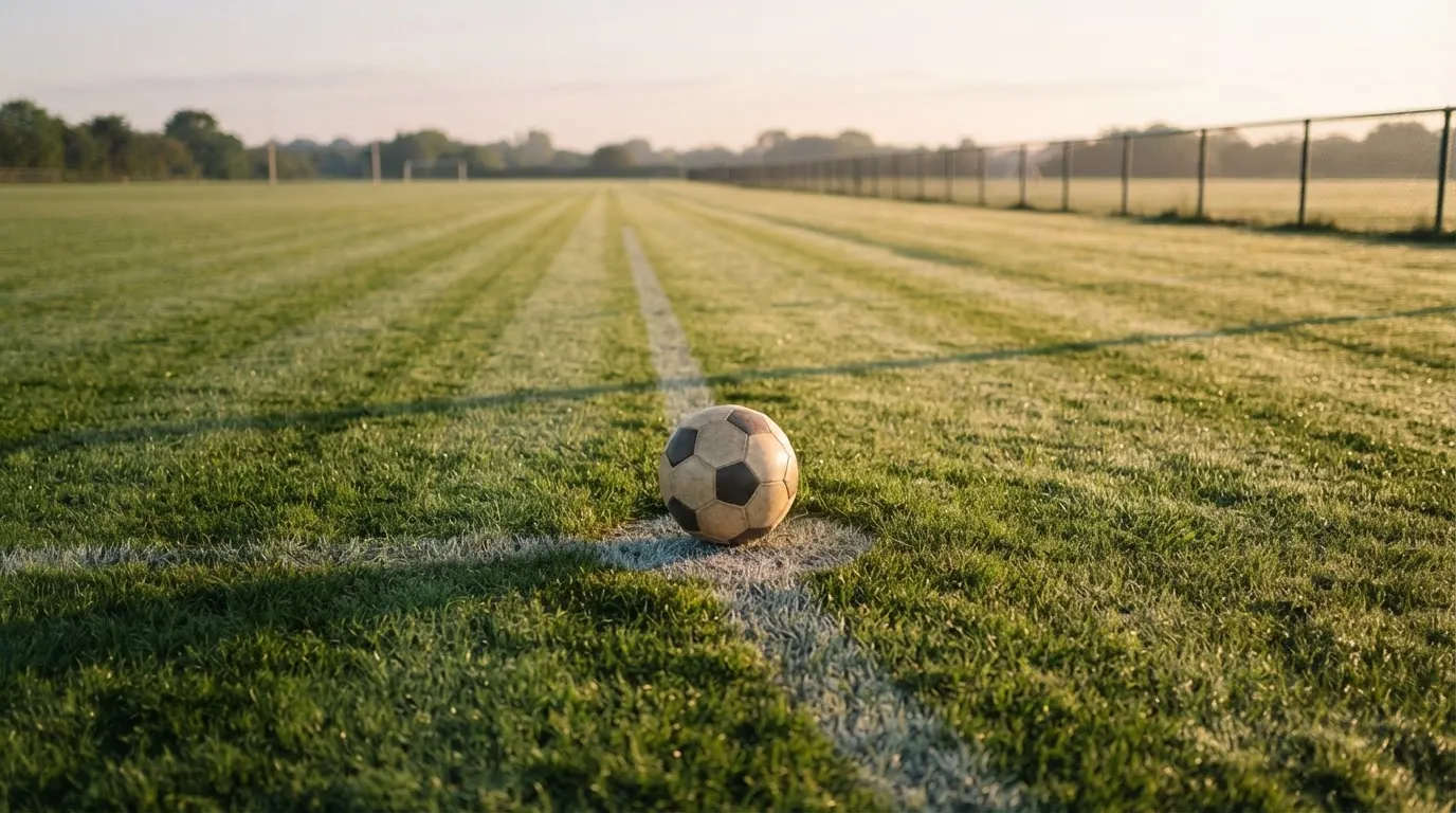 Ein Fußball liegt allein auf dem Anstoßpunkt eines leeren Rasenplatzes im Morgenlicht, am Rand ein niedriger Zaun.