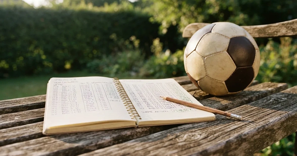 Ein Notizbuch mit handschriftlichen Zahlenkolonnen und ein Bleistift liegen neben einem Fußball auf einer Holzbank.