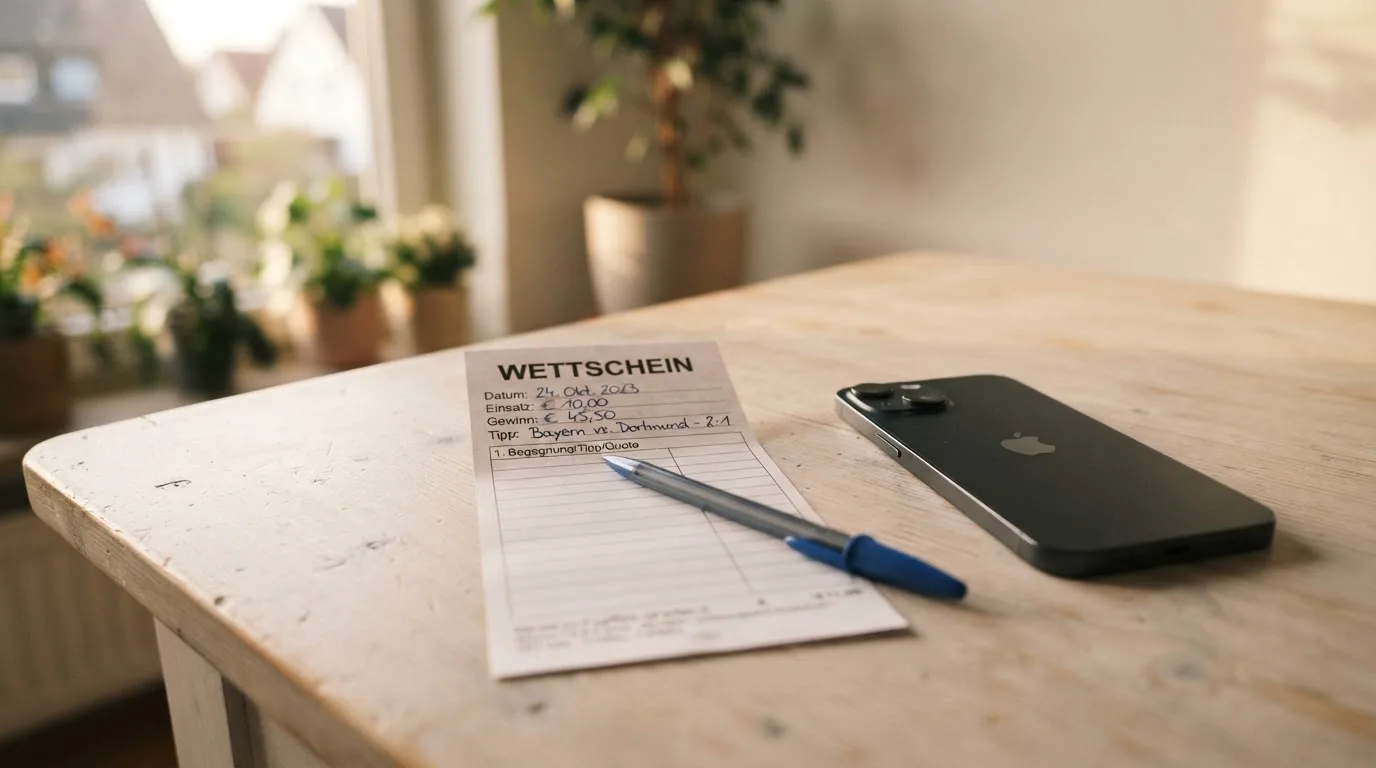 Ein leerer Papier-Wettschein und ein Kugelschreiber liegen neben einem Smartphone mit dunklem Display auf einem Tisch am Fenster.