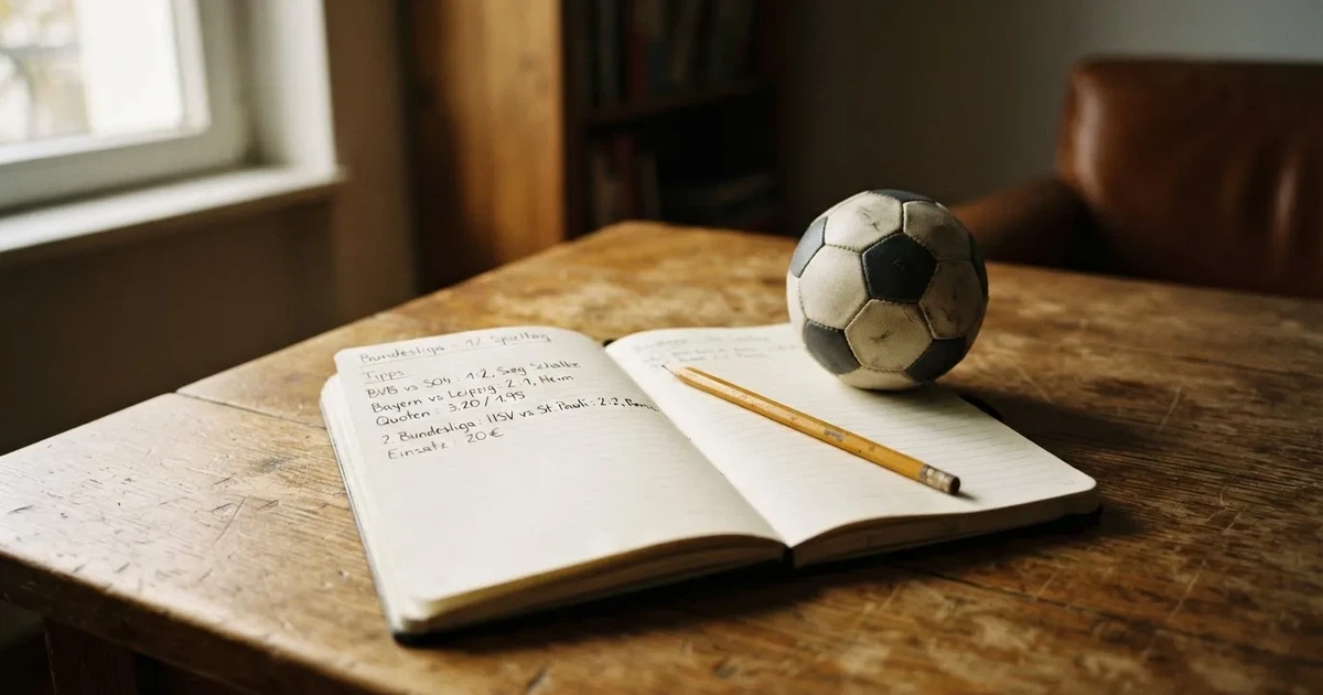 Ein Notizbuch mit handschriftlichen Notizen und einem Bleistift liegt auf einem Holztisch, daneben ein kleiner Fußball im weichen Tageslicht.