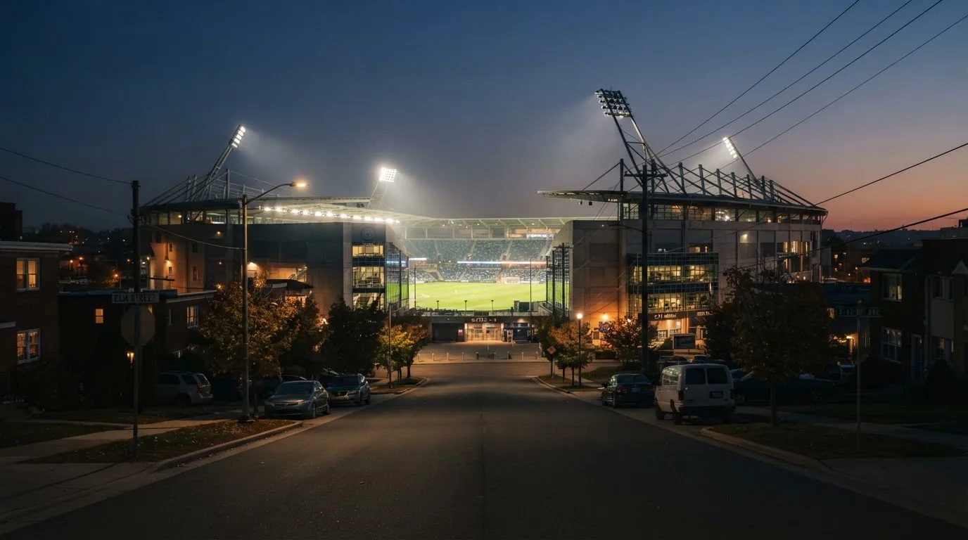 Ein Stadion unter Flutlicht aus der Ferne gesehen, davor eine leere Straße in der Abenddämmerung mit leichtem Dunst.