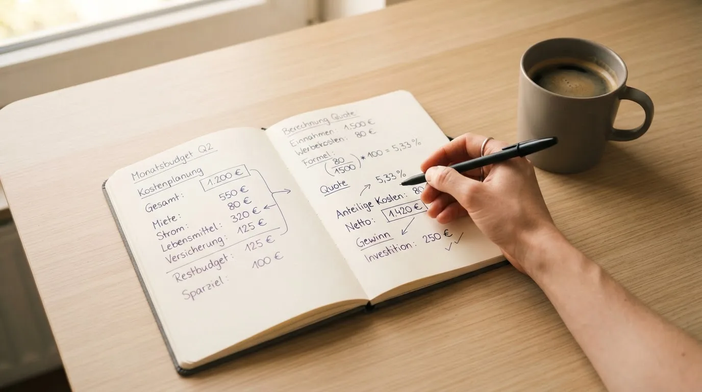 Ein Notizbuch mit handschriftlichen Rechnungen und ein Taschenrechner liegen auf einem hellen Schreibtisch neben einer Kaffeetasse.