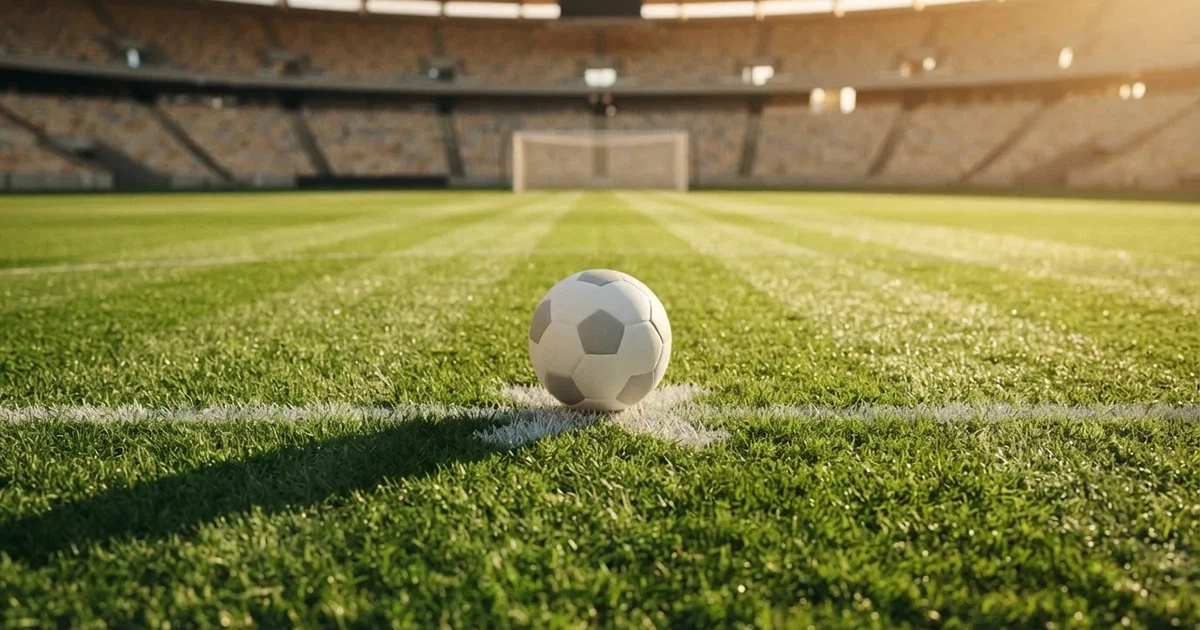 Ein Fußball liegt auf dem Anstoßpunkt eines Rasenplatzes, dahinter leere Tribünen im Licht des frühen Morgens.