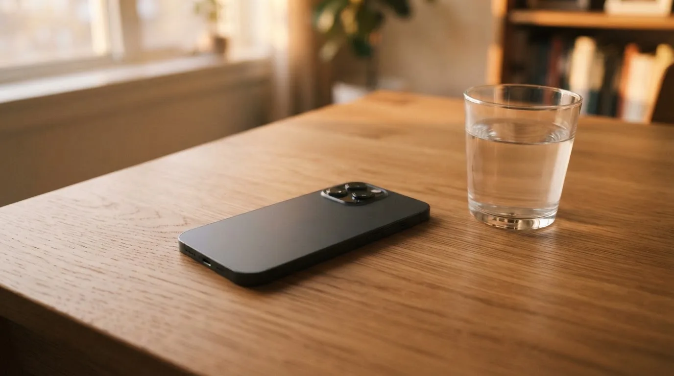 Ein Smartphone liegt mit dem Display nach unten auf einem Holztisch neben einem Glas Wasser, Abendlicht fällt durch ein Fenster.