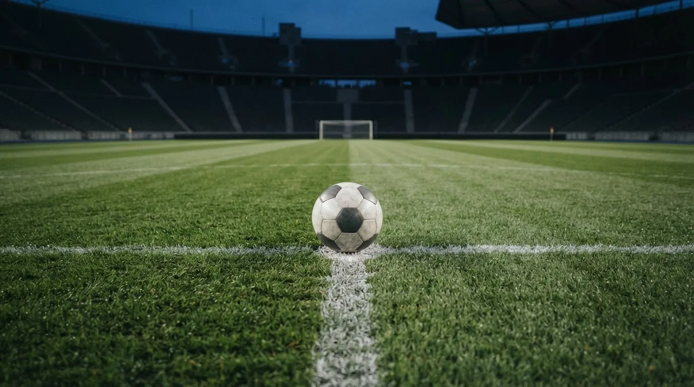 Ein Fußball liegt auf dem Anstoßpunkt eines leeren Rasenplatzes, dahinter ragen dunkle Ränge in den Abendhimmel.
