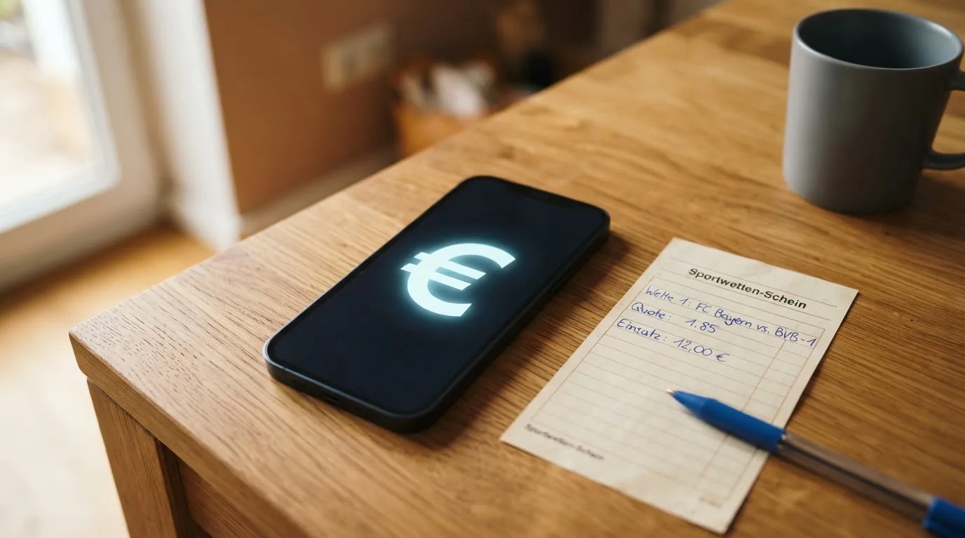 Ein Smartphone mit dunklem Display liegt neben einem leeren Papier-Wettschein und einem Stift auf einem Holztisch.