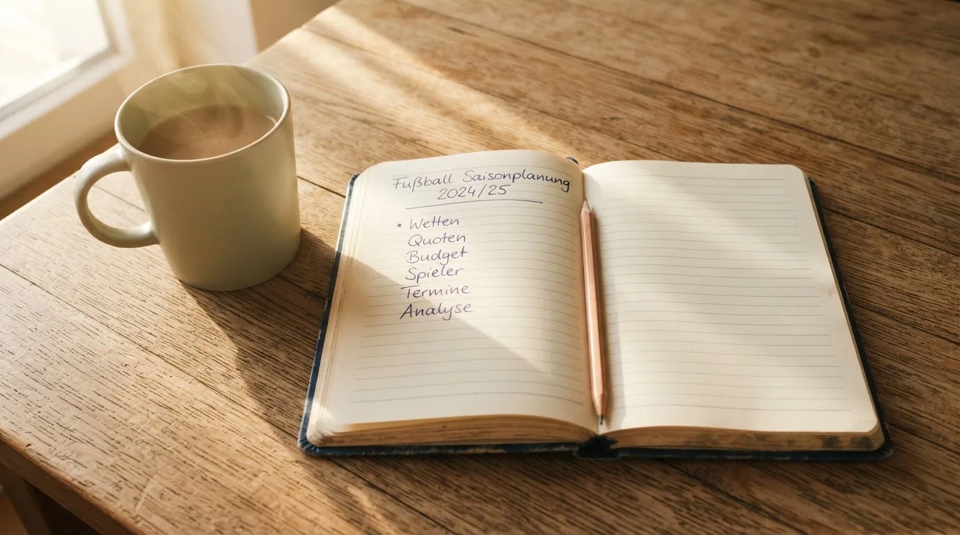 Ein Notizbuch mit handschriftlichen Notizen und einem Bleistift liegt auf einem Tisch, daneben steht eine Kaffeetasse im Morgenlicht.
