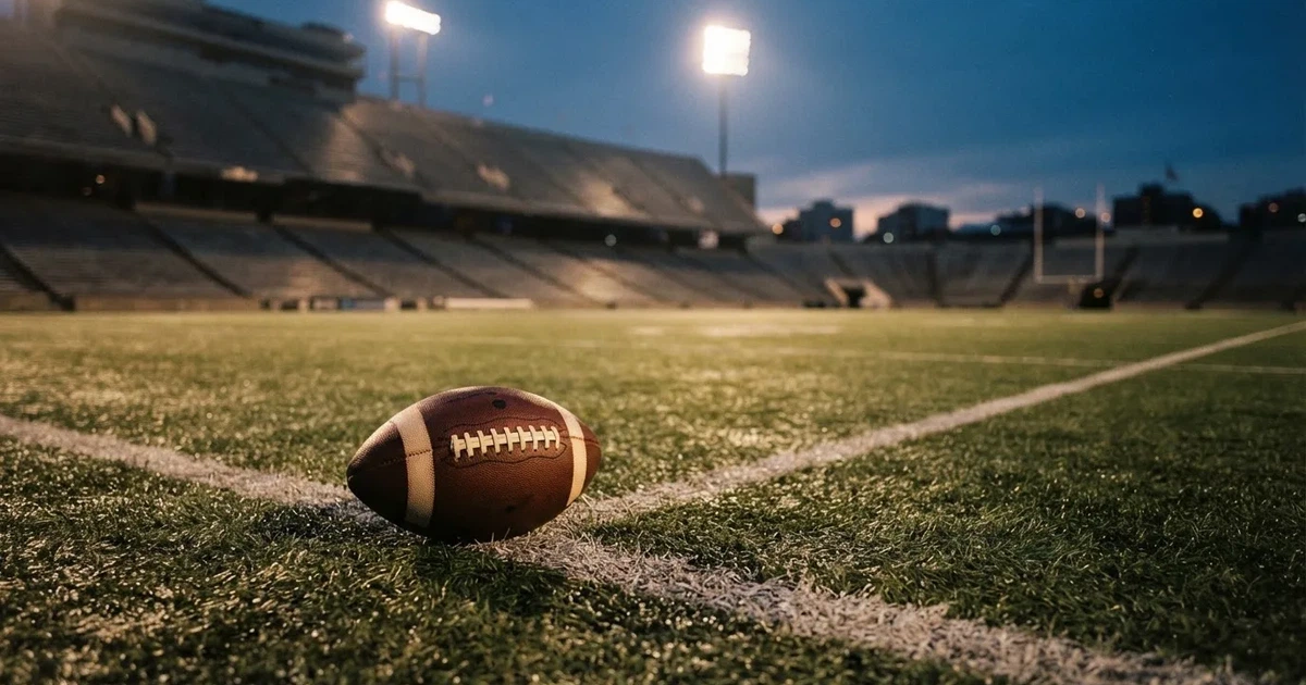 Ein American-Football-Ball liegt auf einem Rasenplatz unter Flutlicht, im Hintergrund eine große Tribüne in der Dämmerung.