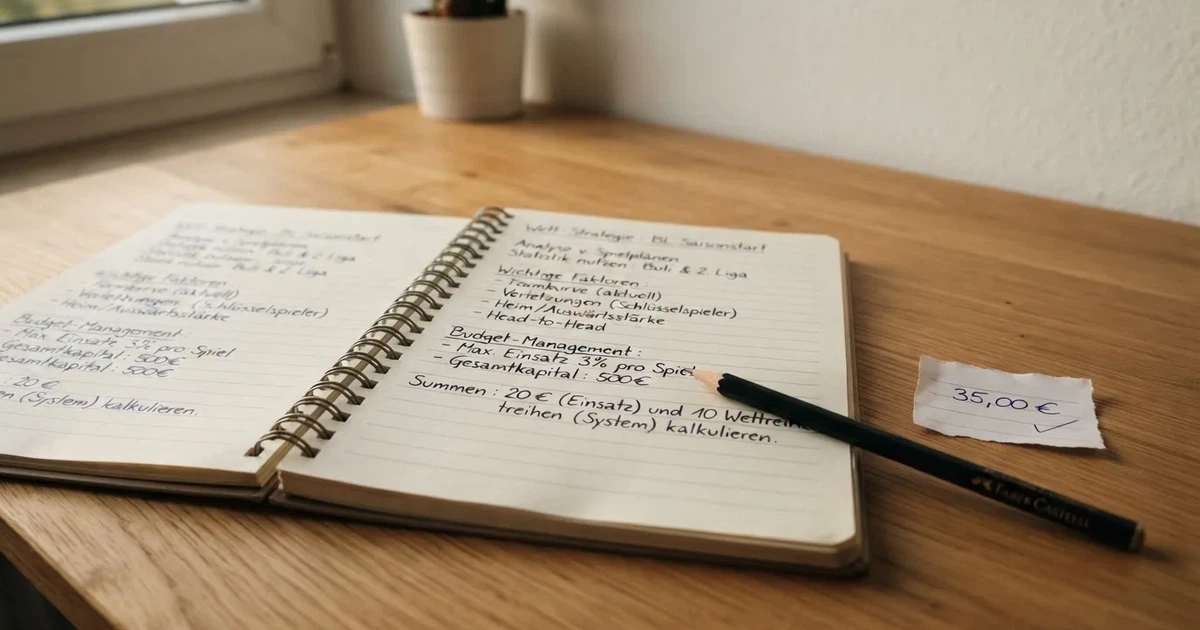 Ein Notizbuch mit handschriftlichen Notizen und einem Bleistift liegt neben einem Taschenrechner auf einem aufgeräumten Schreibtisch.
