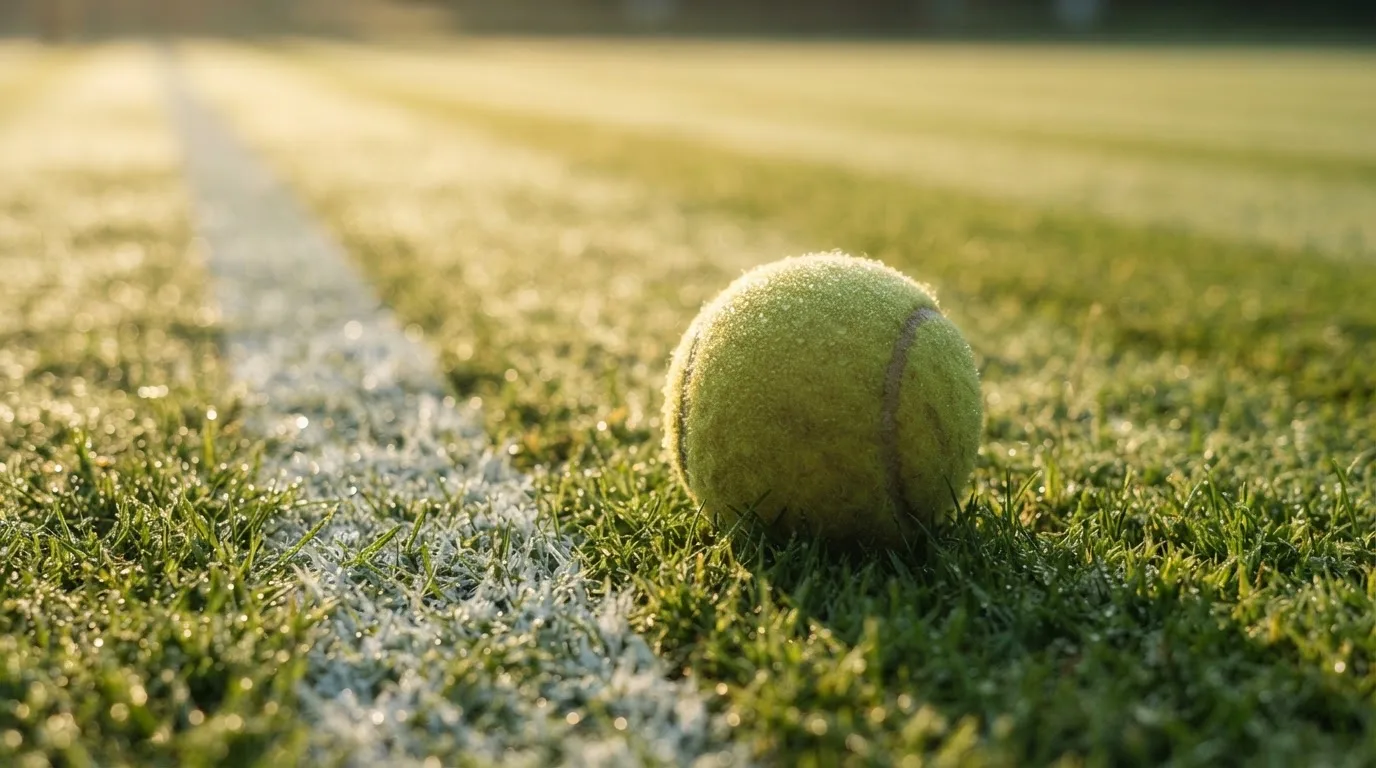Ein Tennisball liegt auf frisch gemähtem Gras neben einer weißen Linie, Tautropfen glänzen im Gegenlicht.
