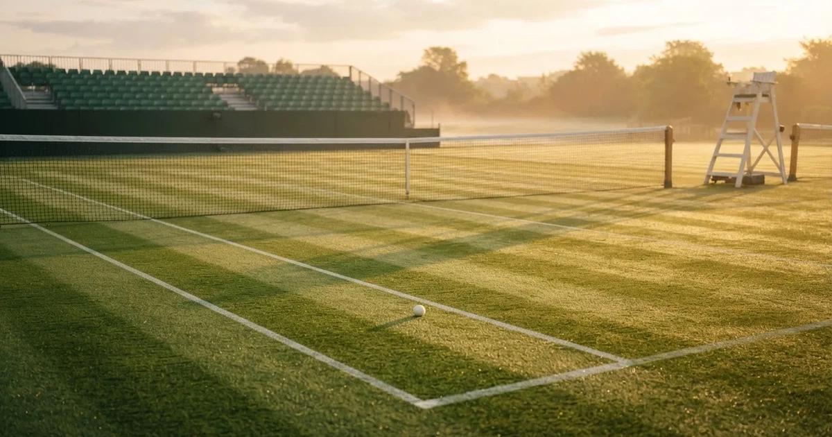 Ein Tennisplatz mit Rasenbelag im Morgenlicht, Netz und weiße Linien, im Hintergrund eine ruhige Tribüne.