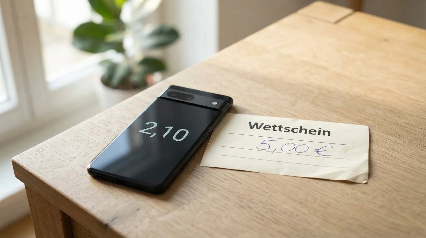 Ein Smartphone mit dunklem Display liegt neben einem leeren Papier-Wettschein auf einem Tisch am Fenster.