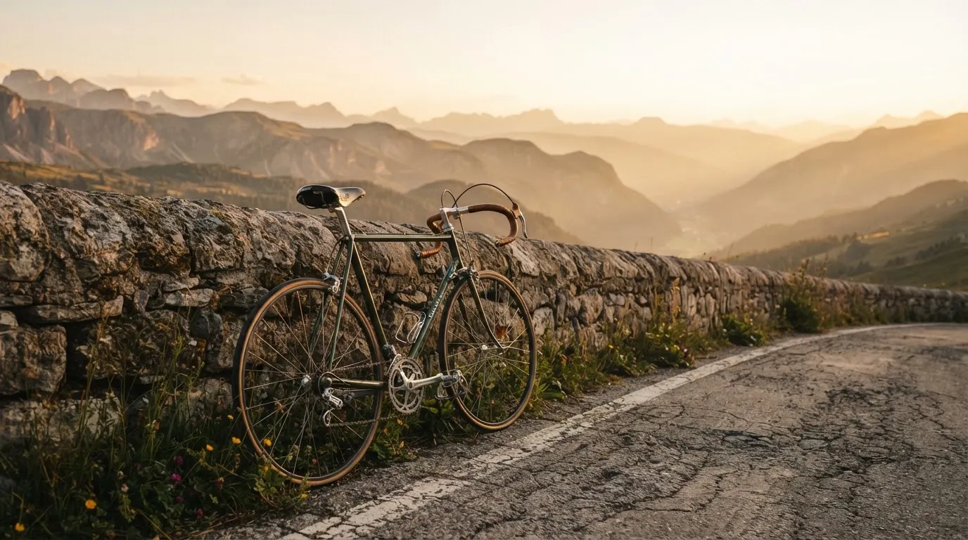 Ein Rennrad lehnt an einer Steinmauer in einer Bergkurve, im Hintergrund eine weite Hügellandschaft im Gegenlicht.