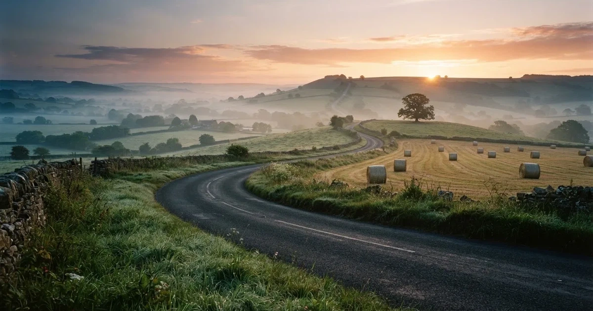 Eine Landstraße schlängelt sich durch Hügel im Morgennebel, am Straßenrand liegen Heuballen auf einem abgemähten Feld.