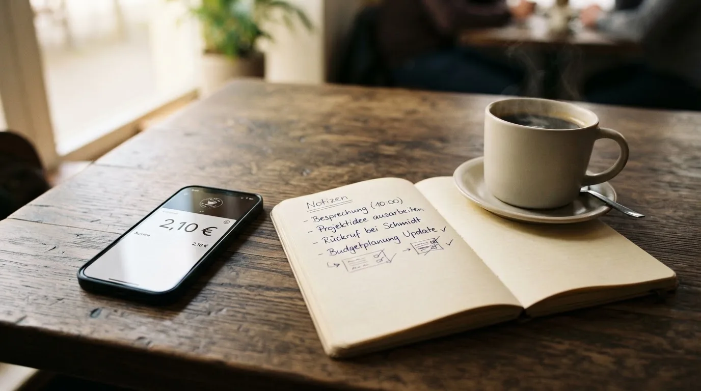 Ein Smartphone liegt auf einem Tisch neben einem Notizbuch mit handschriftlichen Notizen und einer Tasse Kaffee.