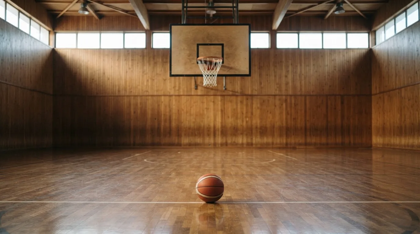 Ein Basketballkorb in einer leeren Halle, der Ball liegt unter dem Brett auf dem Parkett.