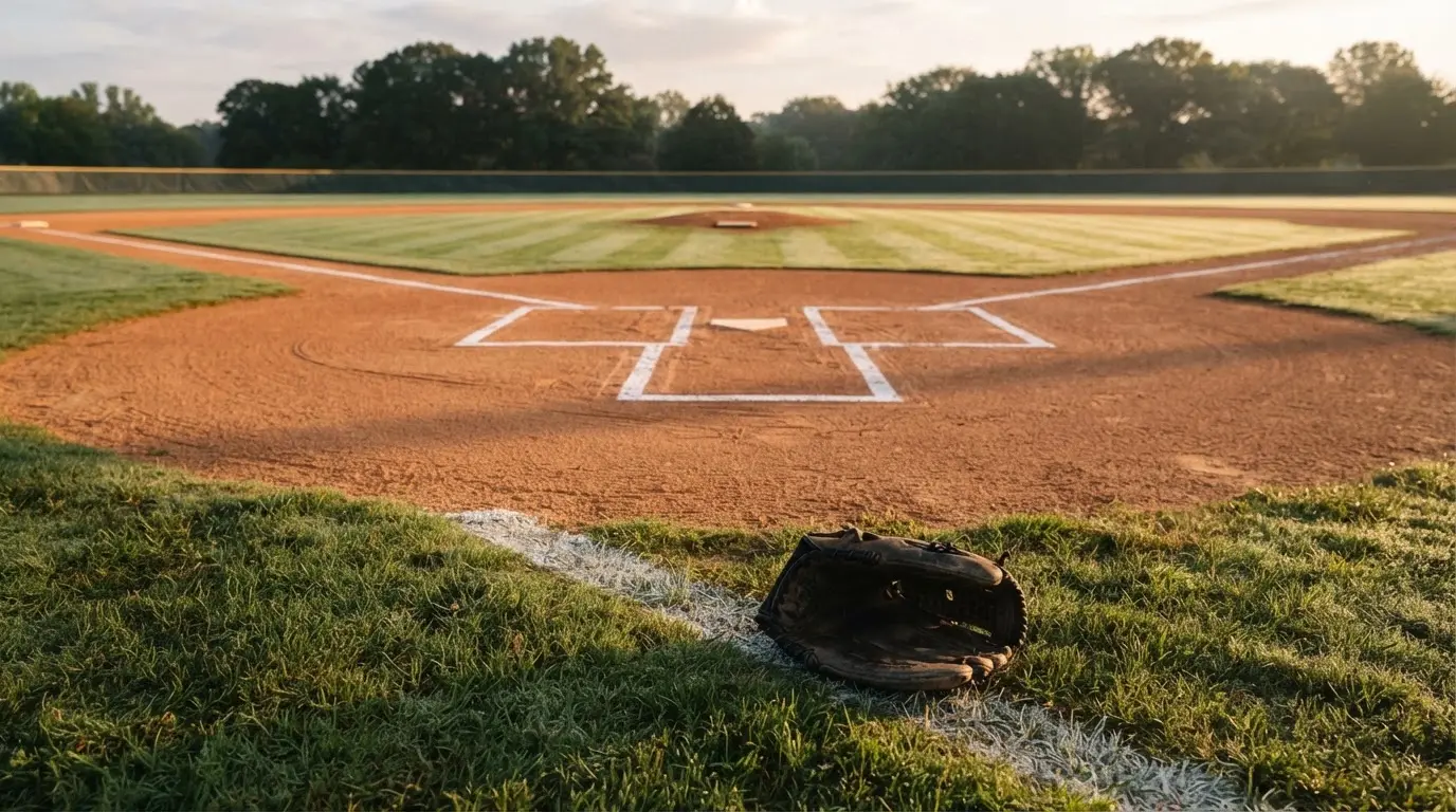 Ein Baseballfeld mit leerem Infield im Morgenlicht, die Linien frisch gezogen, keine Spieler im Bild.