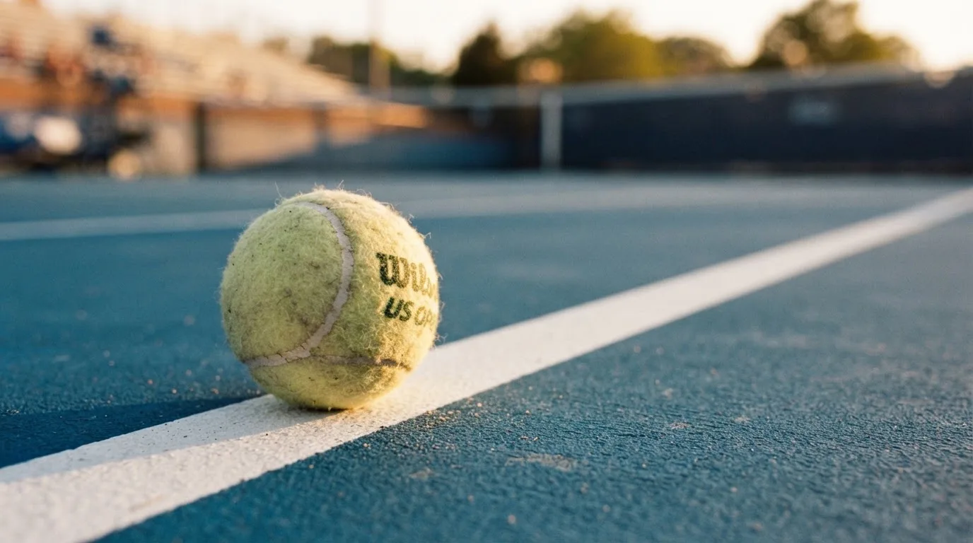 Ein Tennisball liegt in Nahaufnahme auf einer Grundlinie, dahinter verschwimmt ein leerer Platz in warmem Licht.