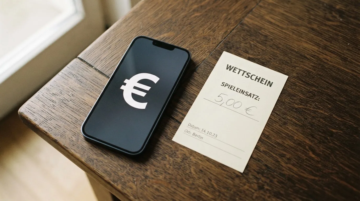 Ein Smartphone mit dunklem Display liegt neben einem leeren Papier-Wettschein auf einem Tisch, Licht fällt von der Seite.