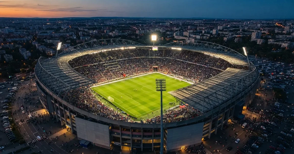 Ein riesiges Stadion in der Abenddämmerung aus der Vogelperspektive gesehen, die Lichter an den Rängen sind eingeschaltet.