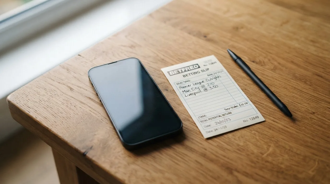 Ein Smartphone liegt mit dunklem Display neben einem leeren Papier-Wettschein und einem Stift auf einem Holztisch.