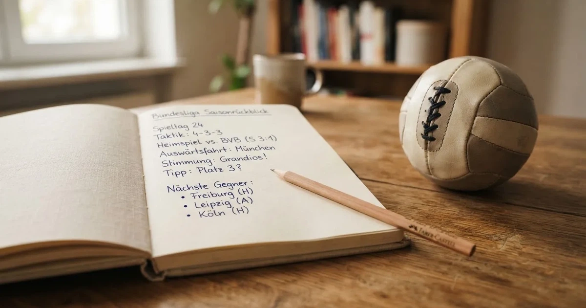 Ein Notizbuch mit handschriftlichen Notizen und einem Bleistift liegt auf einem Holztisch, daneben ein kleiner Fußball im Tageslicht.
