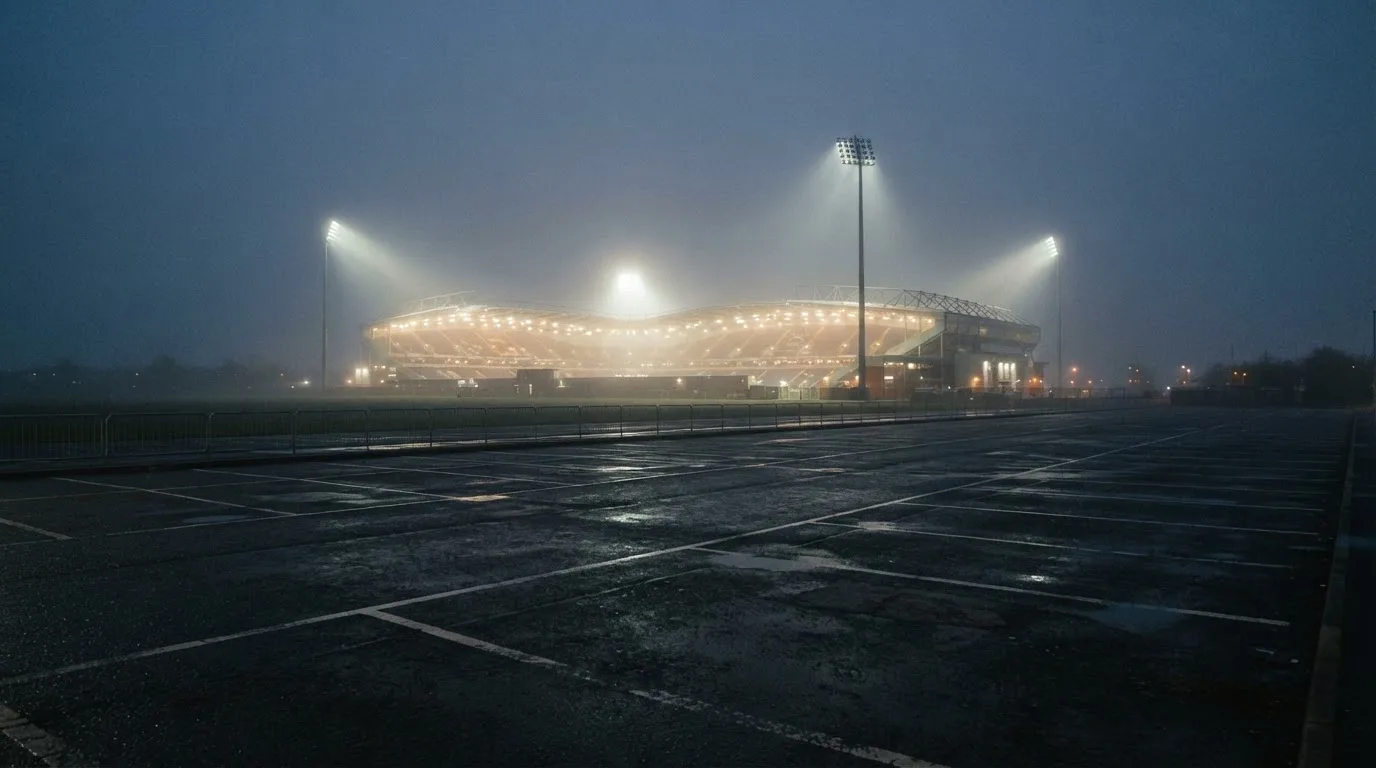 Ein Stadion unter Flutlicht aus der Ferne gesehen, davor ein stiller Parkplatz bei Nebel.