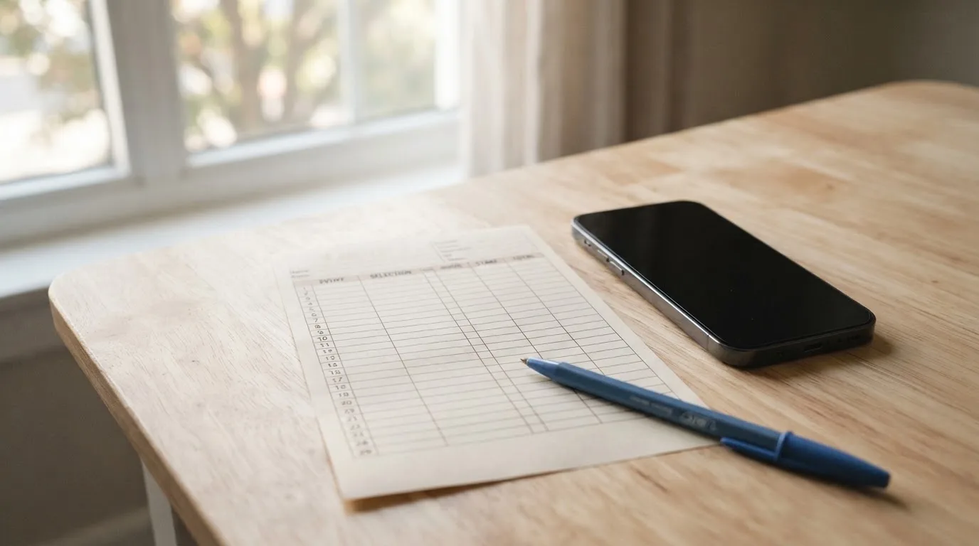 Ein leerer Papier-Wettschein und ein Kugelschreiber liegen neben einem Smartphone mit dunklem Display auf einem Schreibtisch am Fenster.