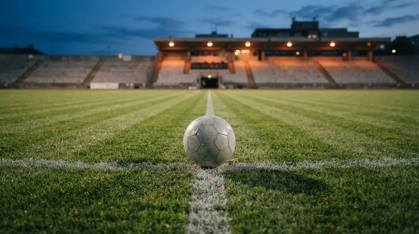Ein Fußball liegt auf dem Anstoßpunkt eines Rasenplatzes, dahinter eine leere Tribüne im Abendlicht.