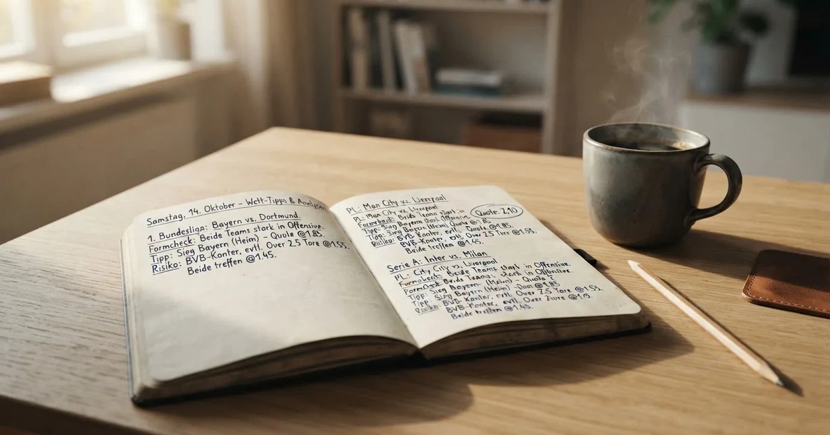 Eine Kaffeetasse, ein Notizbuch mit handschriftlichen Notizen und ein Bleistift auf einem hellen Schreibtisch am Morgen.