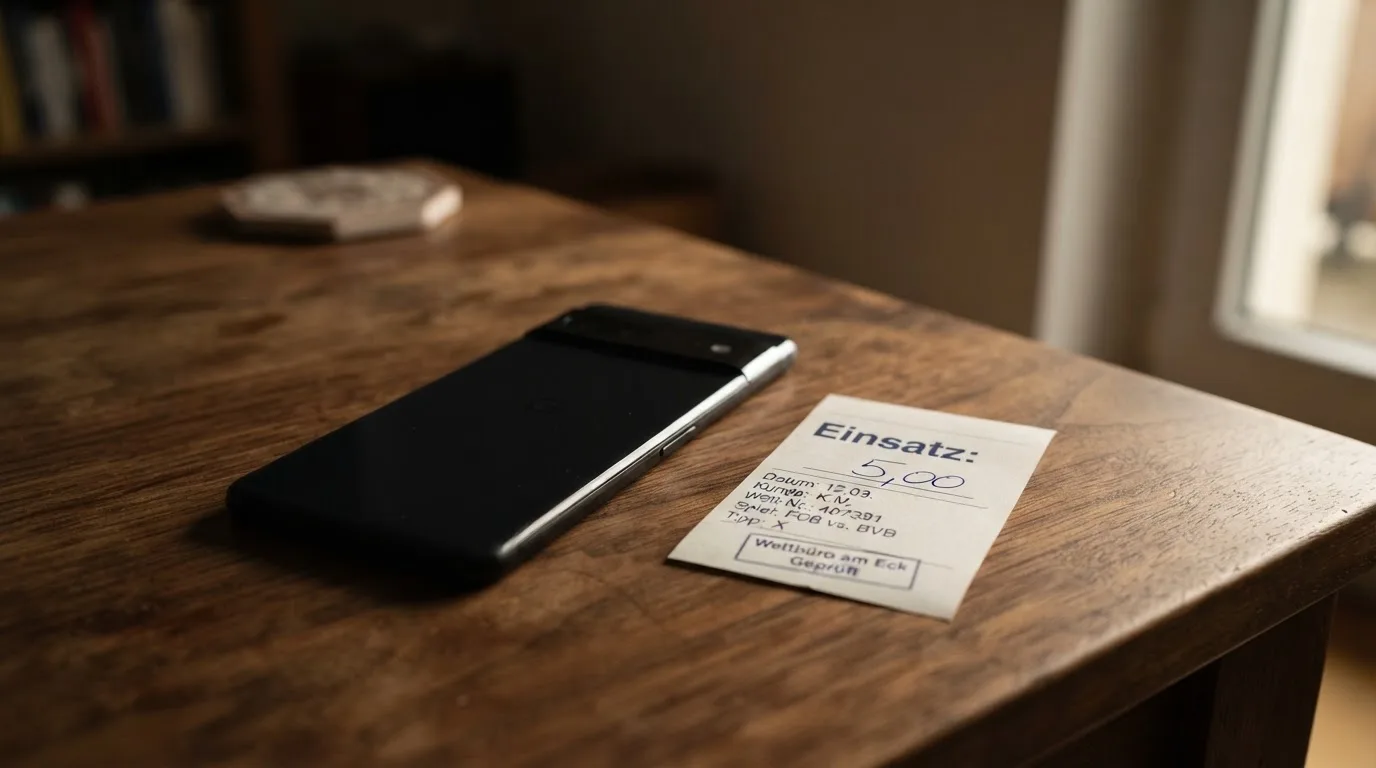 Ein Smartphone mit dunklem Display liegt neben einem leeren Papier-Wettschein auf einem Holztisch, Licht fällt von der Seite.