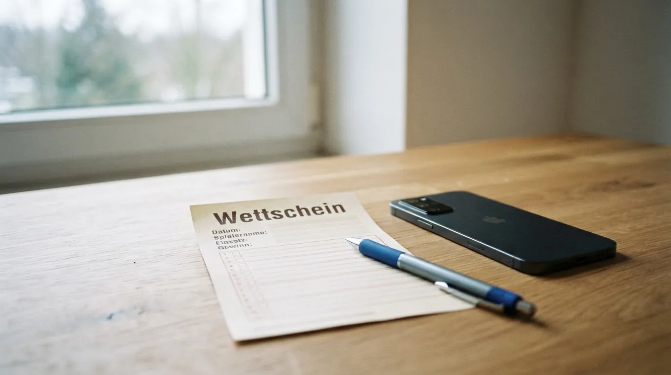 Ein leerer Papier-Wettschein und ein Kugelschreiber liegen neben einem Smartphone mit dunklem Display auf einem Schreibtisch am Fenster.