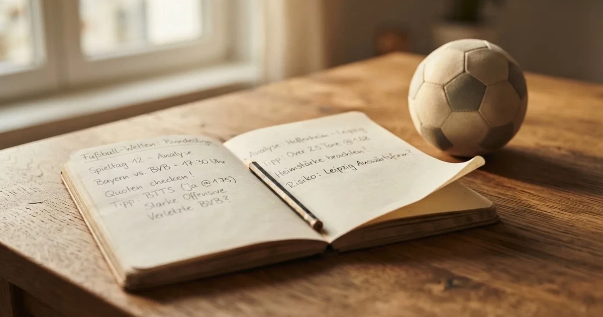 Ein Notizbuch mit handschriftlichen Notizen und einem Bleistift liegt auf einem Holztisch, daneben ein kleiner Fußball im Tageslicht.