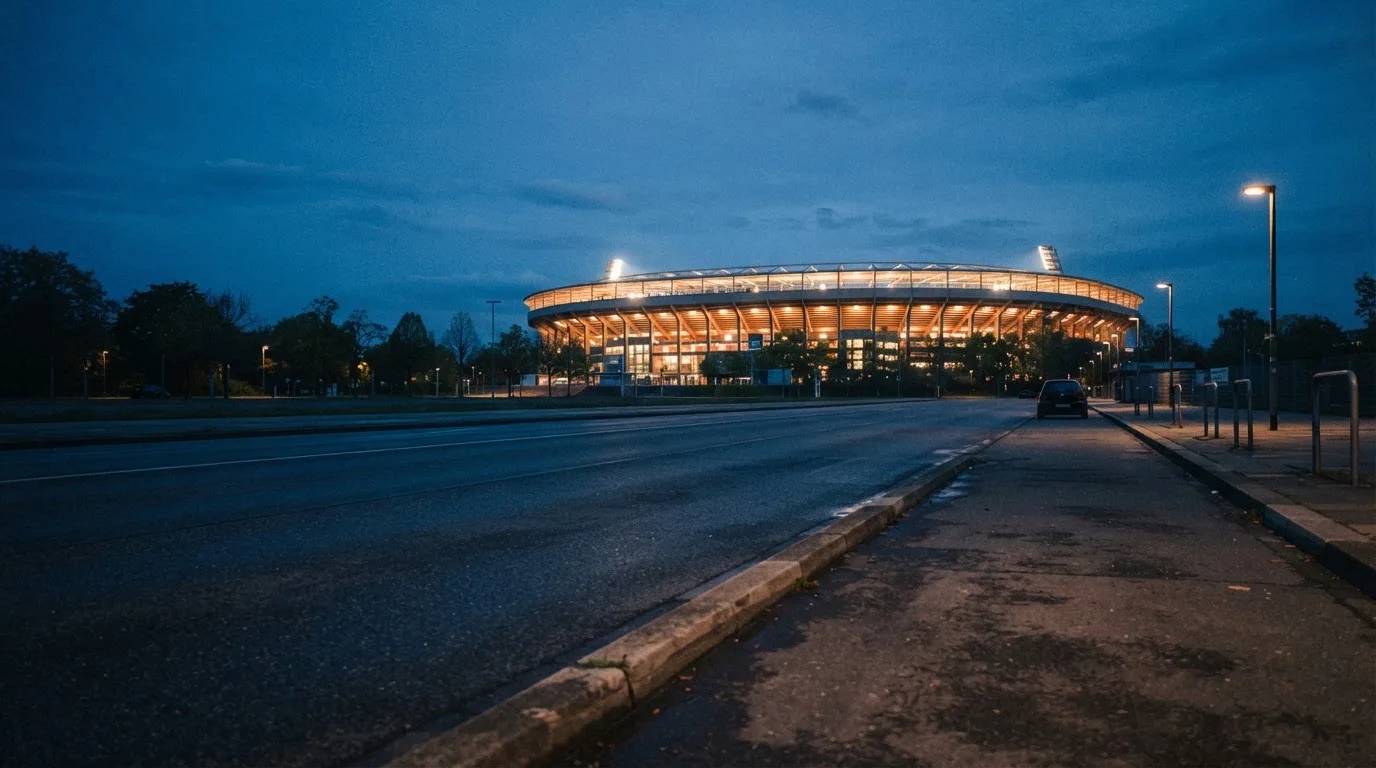 Ein Stadion unter Flutlicht aus großer Entfernung, davor eine leere Straße in der Abenddämmerung.