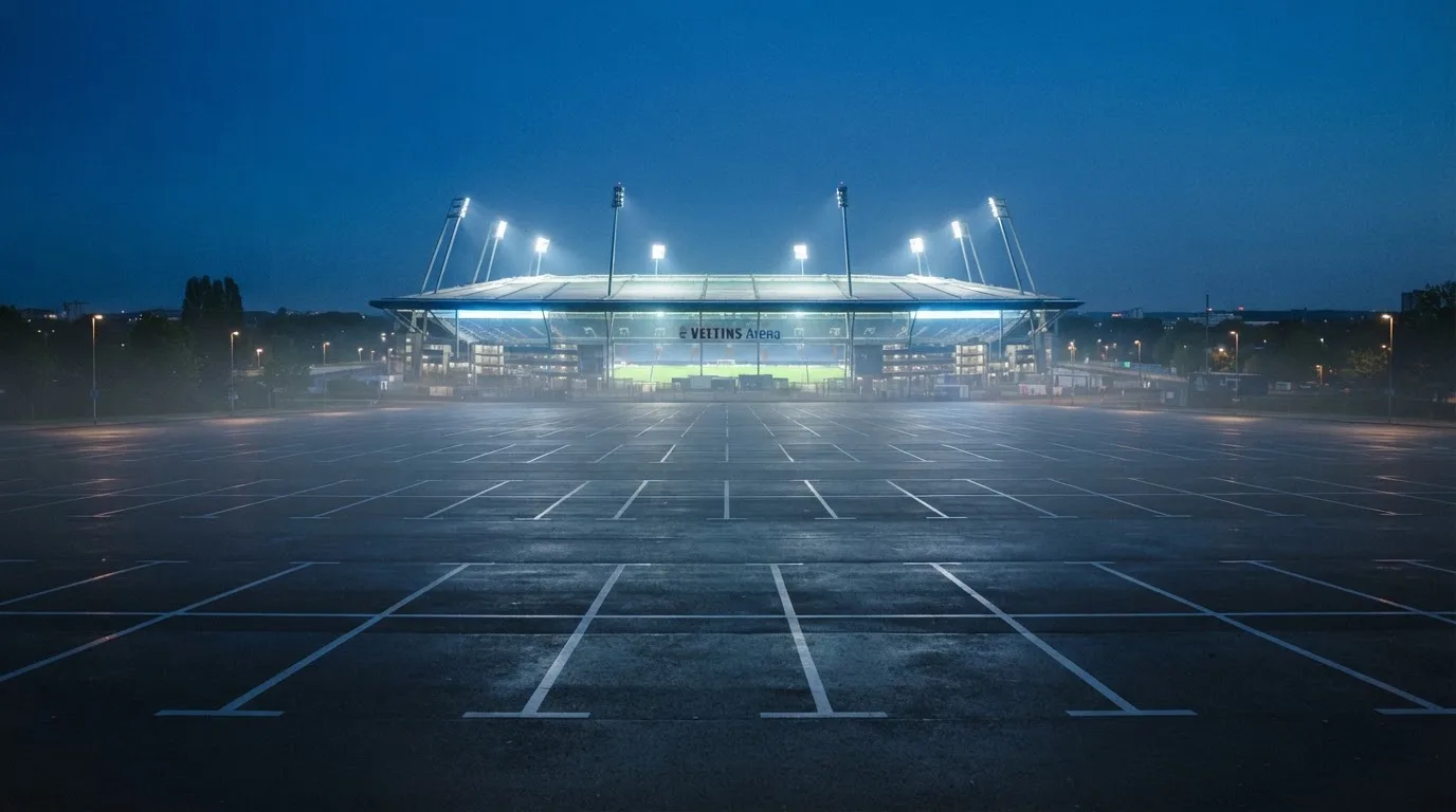 Ein Stadion unter Flutlicht aus der Ferne gesehen, davor ein leerer Parkplatz im Dunst.