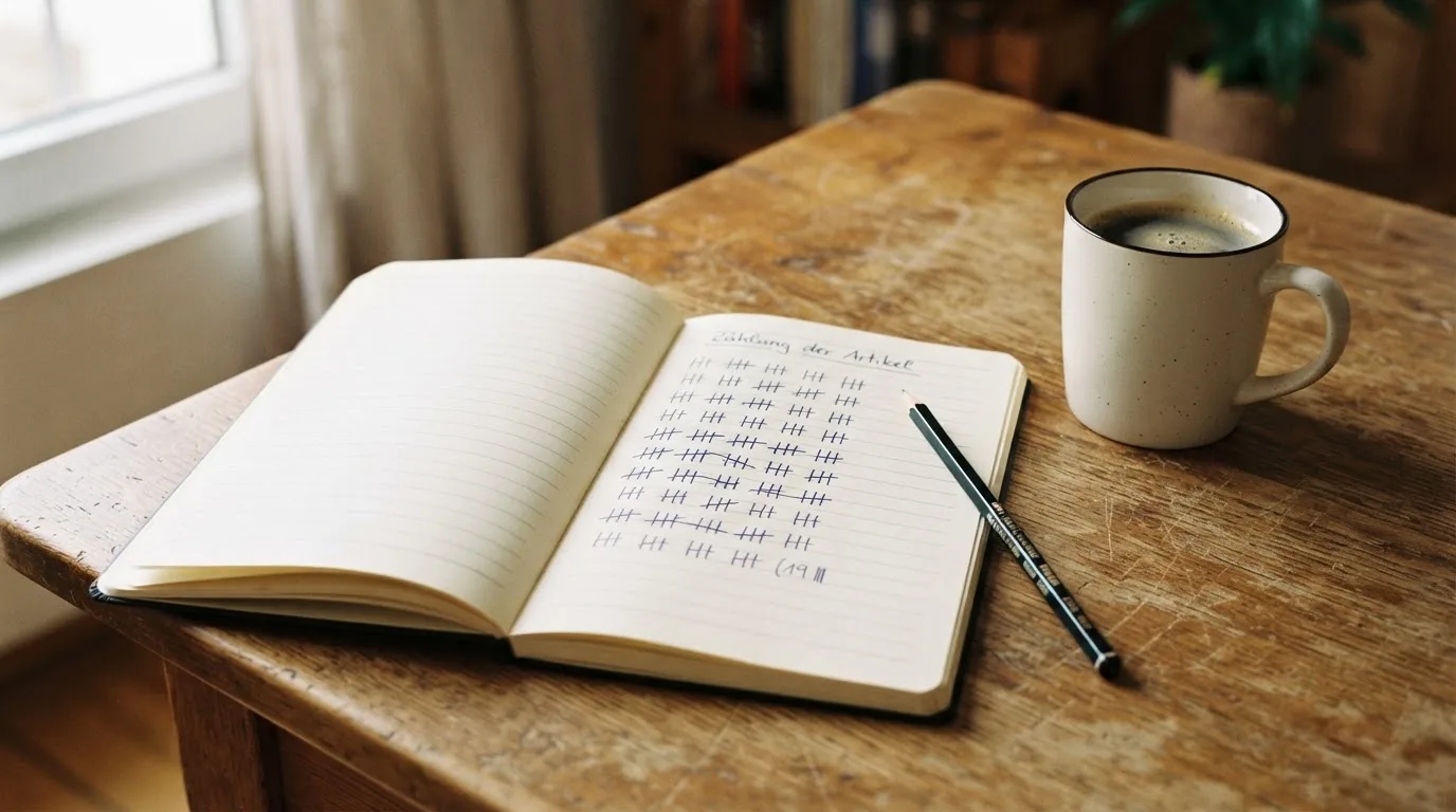 Ein Notizbuch mit handgeschriebenen Strichlisten liegt neben einem Bleistift und einer Kaffeetasse auf einem Holztisch.
