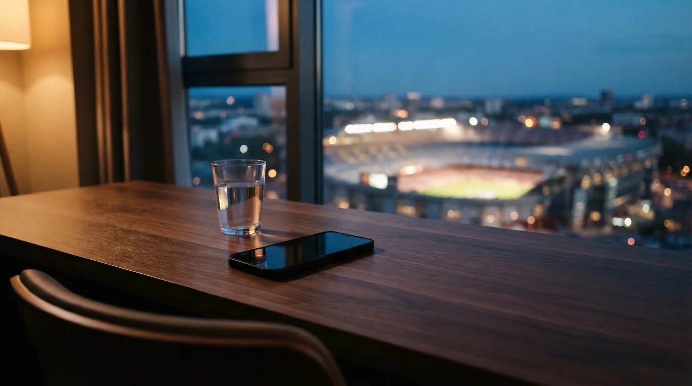 Ein Smartphone mit dunklem Display liegt auf einem Schreibtisch neben einem Glas Wasser, im Fenster dahinter ein Stadion im Dämmerlicht.