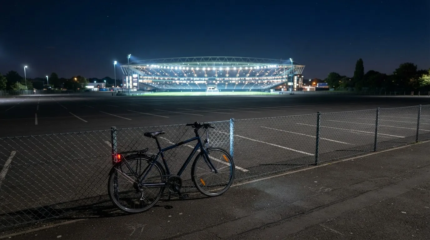 Ein Stadion unter Flutlicht aus der Ferne gesehen, davor ein dunkler Parkplatz und ein einzelnes Fahrrad an einem Zaun.