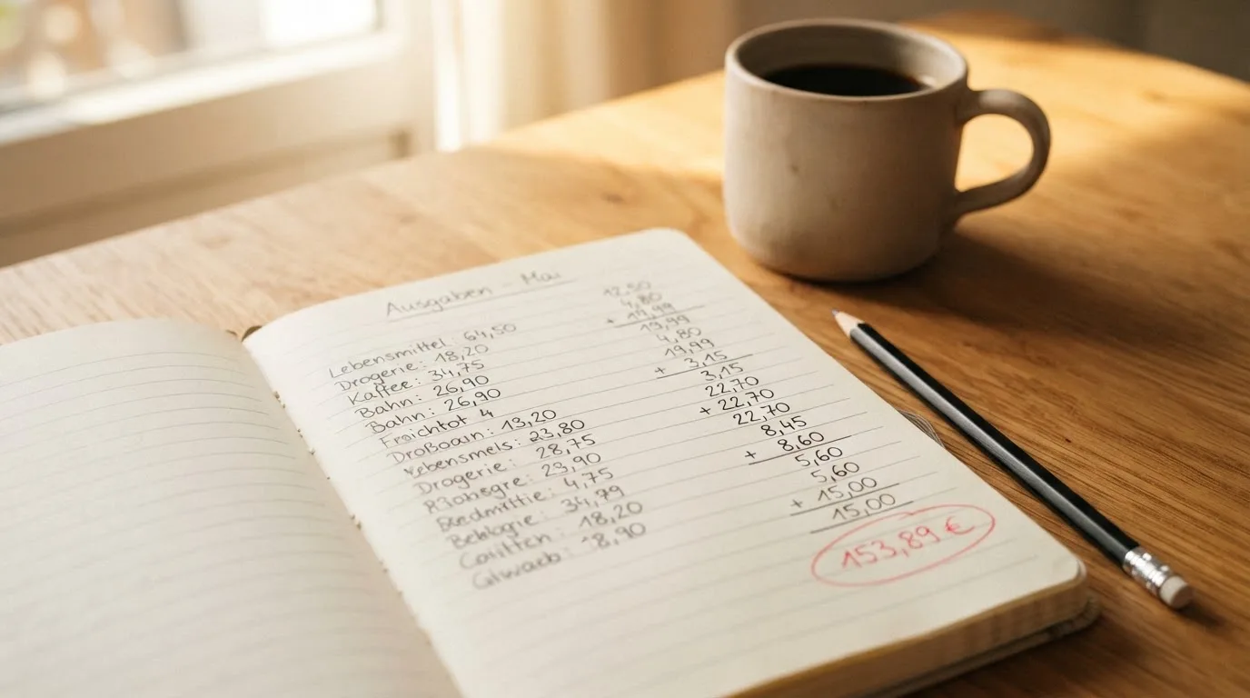 Ein Notizbuch mit handschriftlichen Zahlenreihen und ein Bleistift liegen auf einem Küchentisch neben einer Tasse.